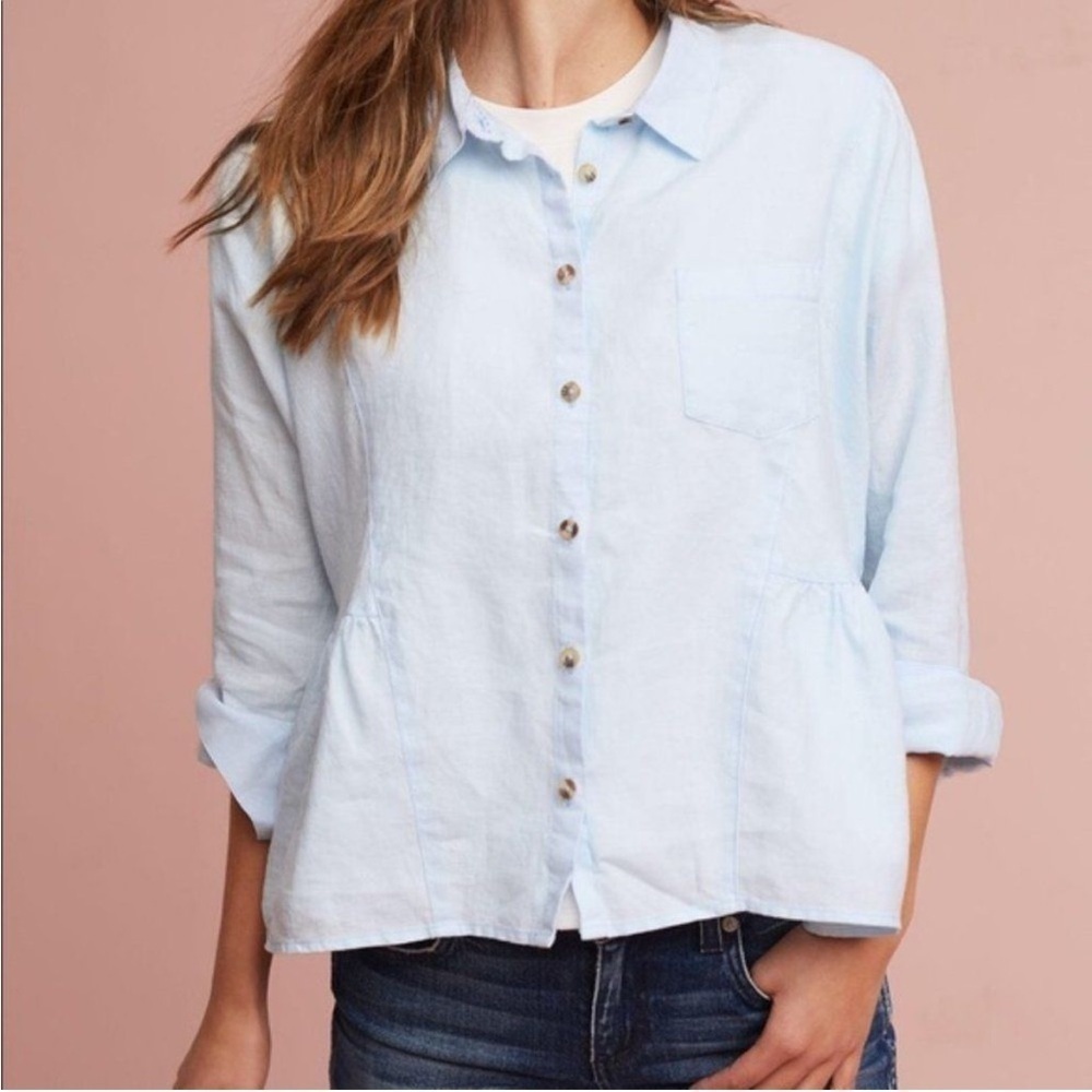 Anthropologie Holding Horses linen button front top light blue S - Picture 3 of 9